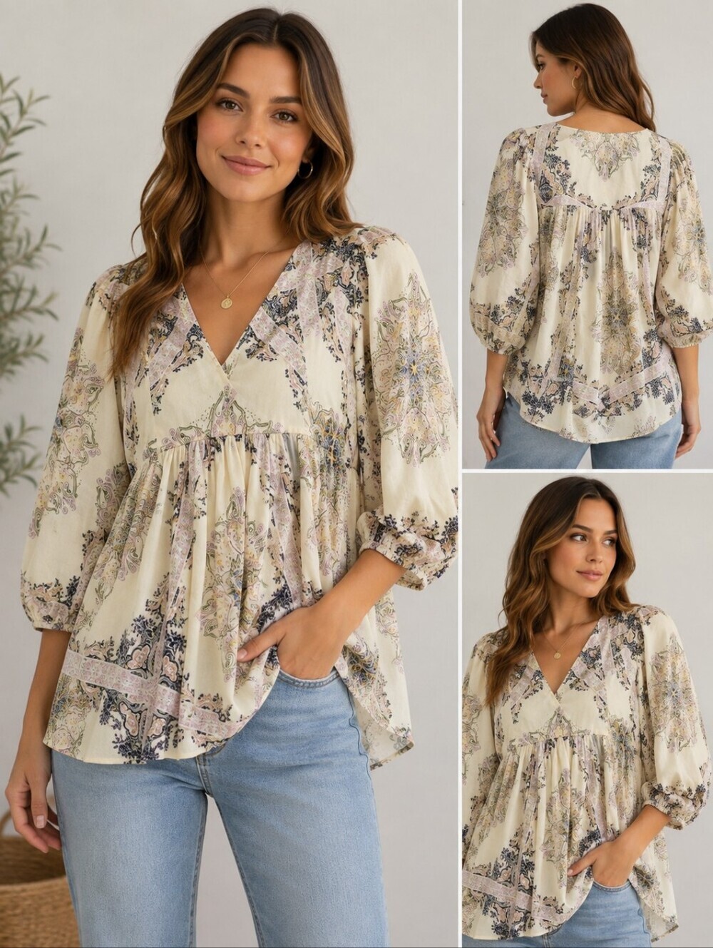 Free People Cream and Purple Puff Sleeve Ruffled Blouse